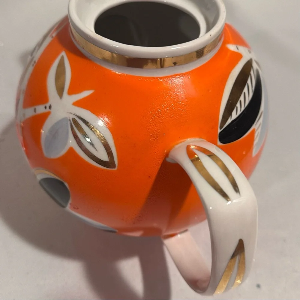 Vintage 60s Pop Atomic Orange and Yellow Porcelain Teapot Gold Trim